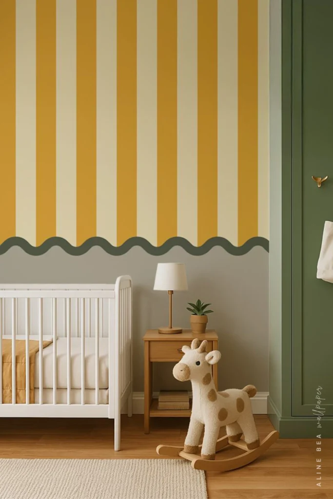 Mustard yellow striped wallpaper with a dark green scalloped wave border in a nursery
