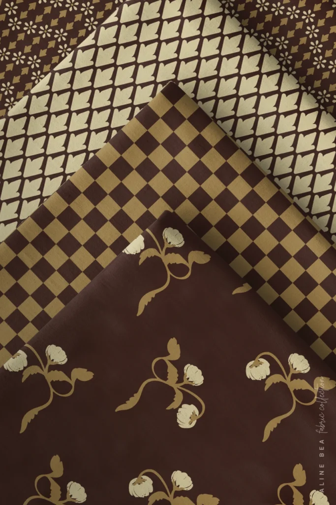 Four fabric swatches folded and stacked diagonally: a cottagecore floral in burgundy, cream and beige, a simple checkerboard n beige and burgundy beneath it, followed by a cream-and-green diamond leaf lattice print, and a floral zig zag with tiny daisies in brown and burgundy.