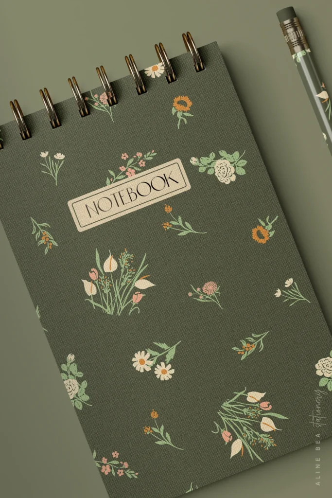 Sage green spiral notebook with a hand-painted floral stationery design by Aline Bea, styled with a matching pencil.