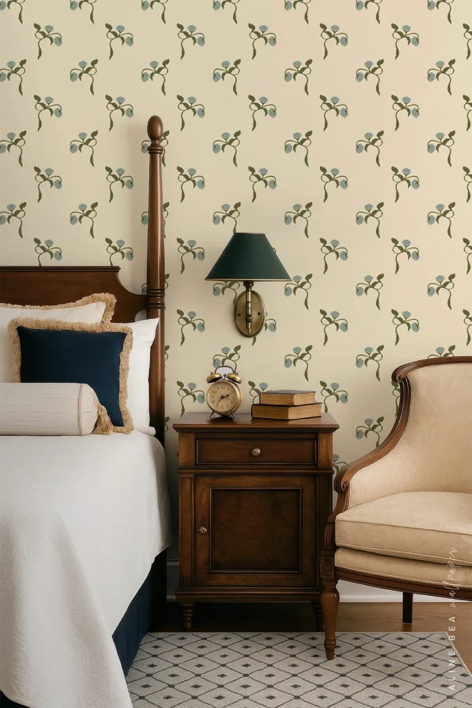 Cream wallpaper with small scattered dusty blue and olive floral sprigs in a traditional bedroom with a wooden four-poster bed