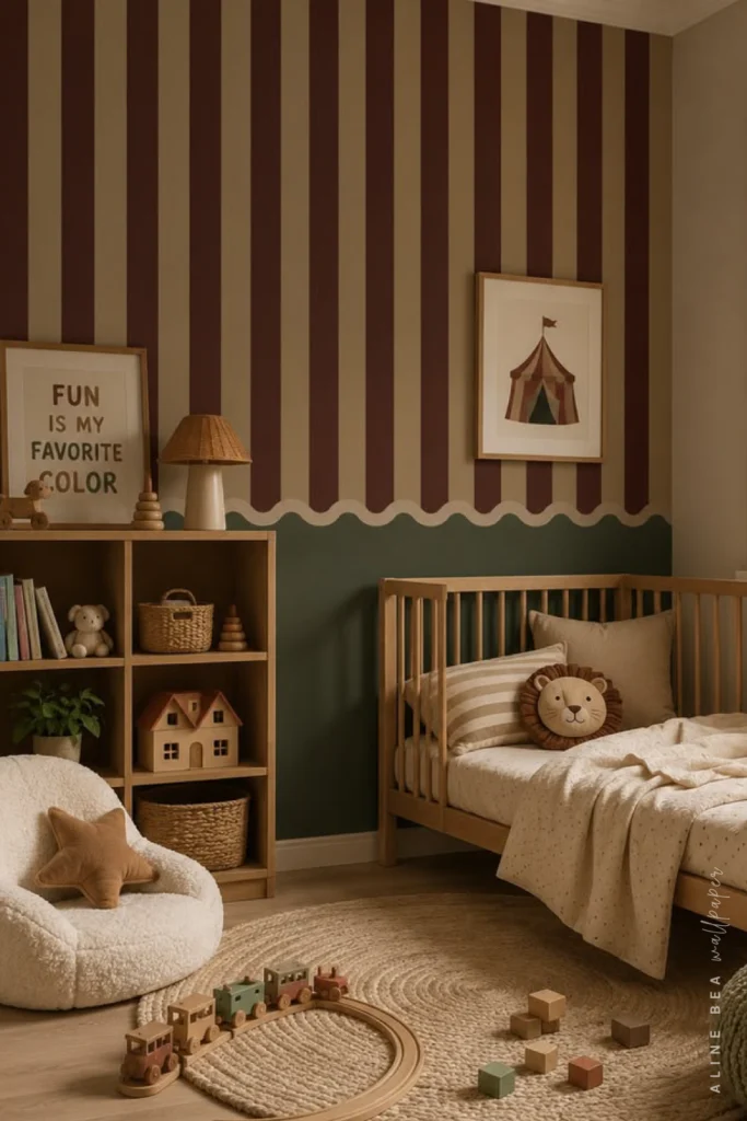 Burgundy and cream striped wallpaper with a scalloped edge above a sage green lower wall in a child’s bedroom