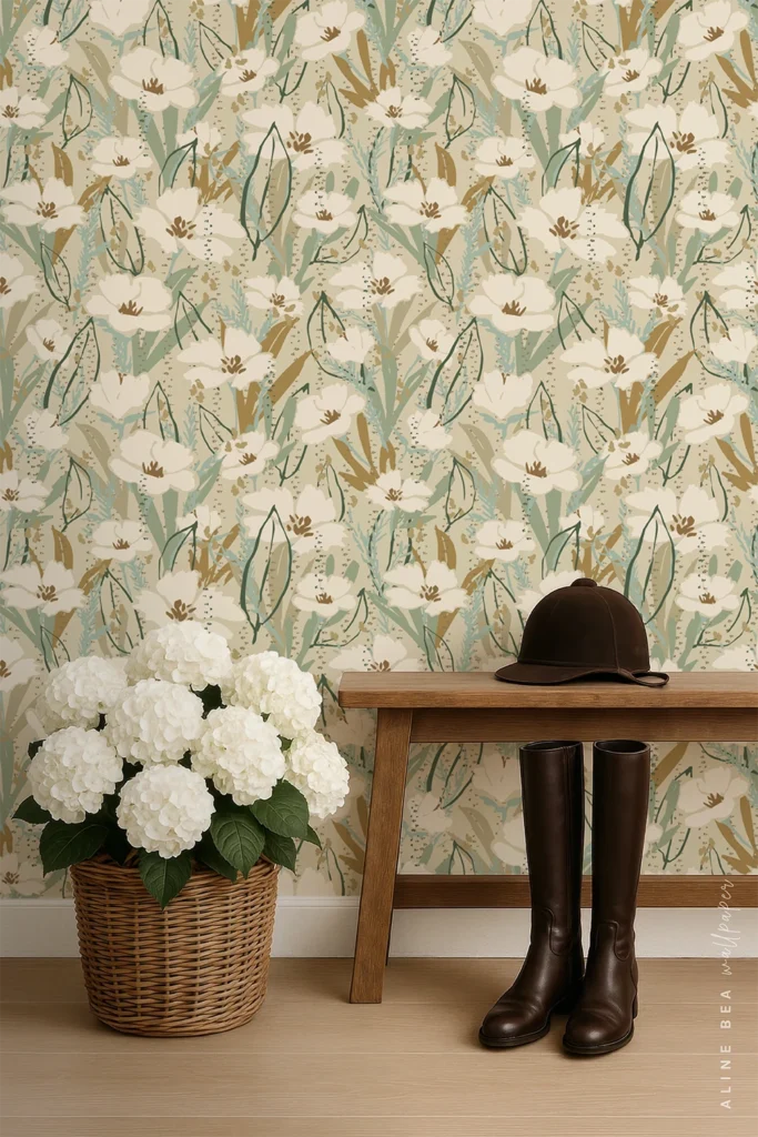 Cream wallpaper with dense white flowers and sage, teal, and ochre leaves behind a wooden bench and riding boots in an entryway